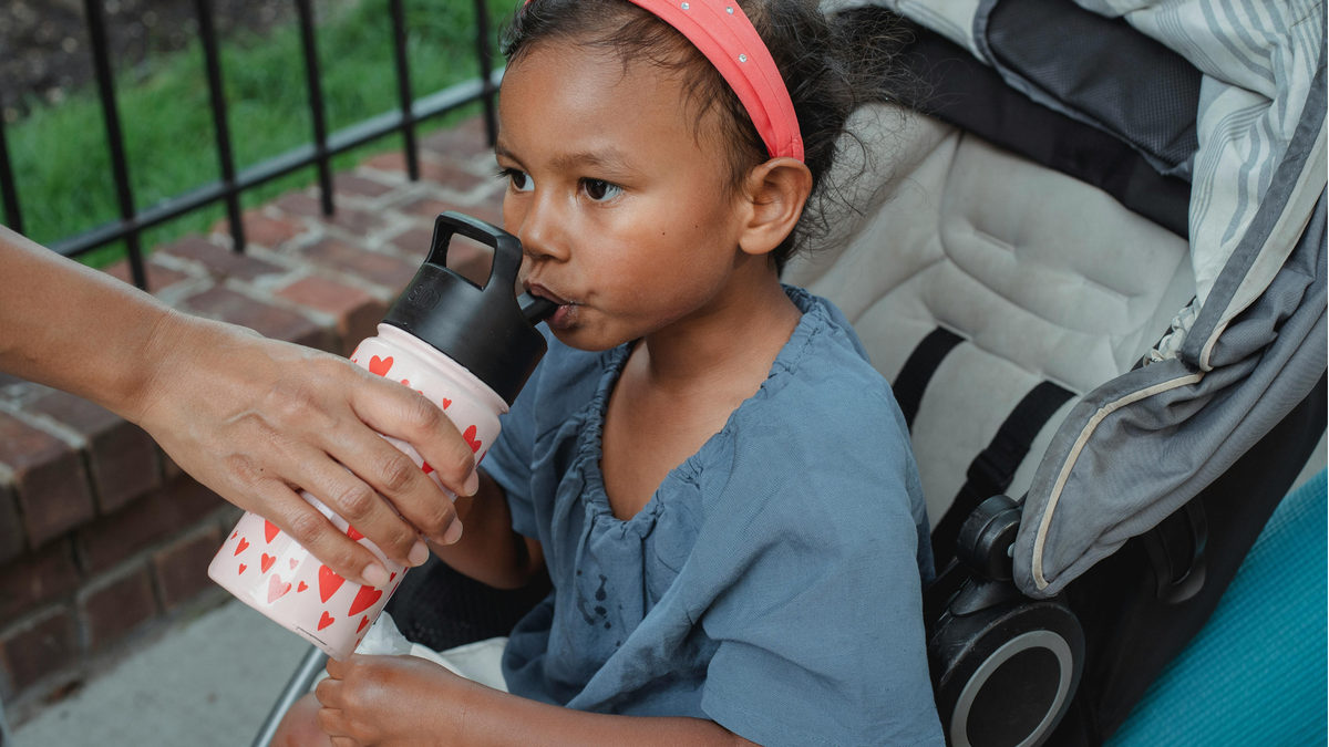 Young girl sitting in a push chair drinking from a drink bottle