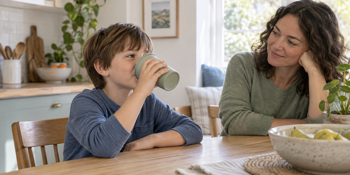 Child drinking from a reusable cup with a caregiver nearby.