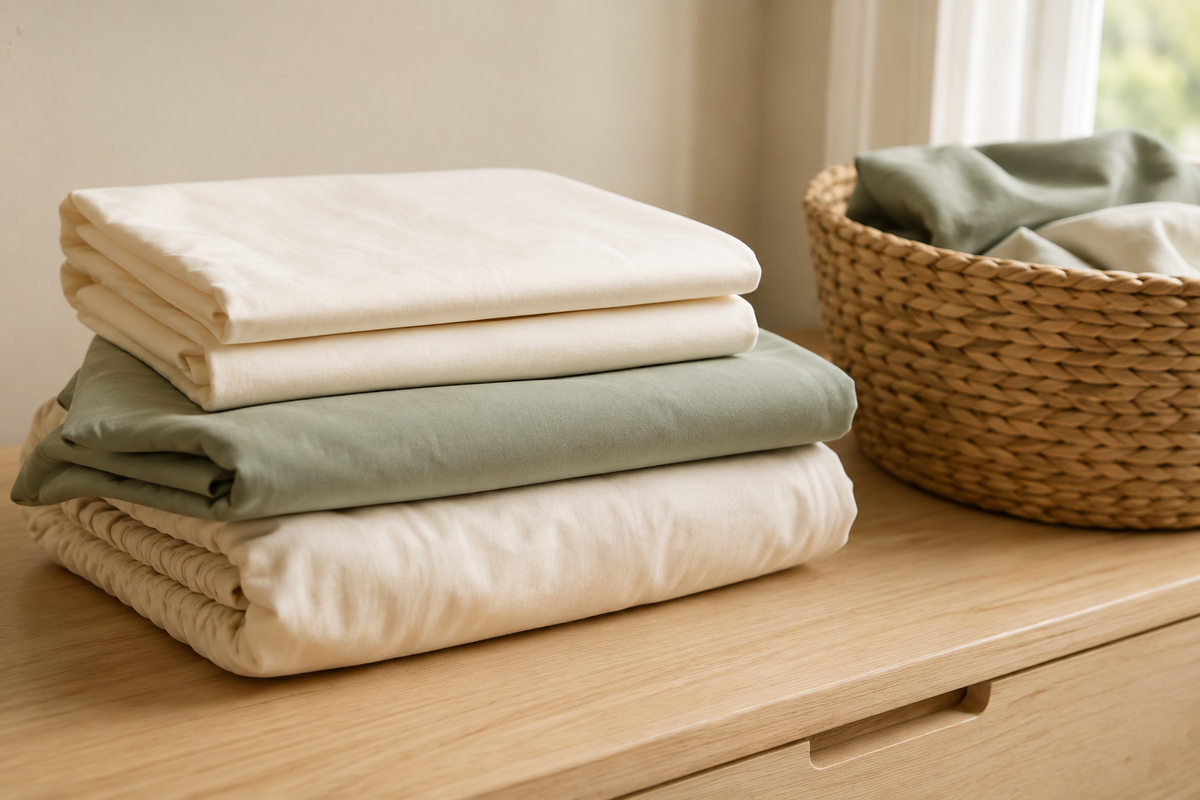 Folded cream and muted green cotton baby bedding beside a woven laundry basket.
