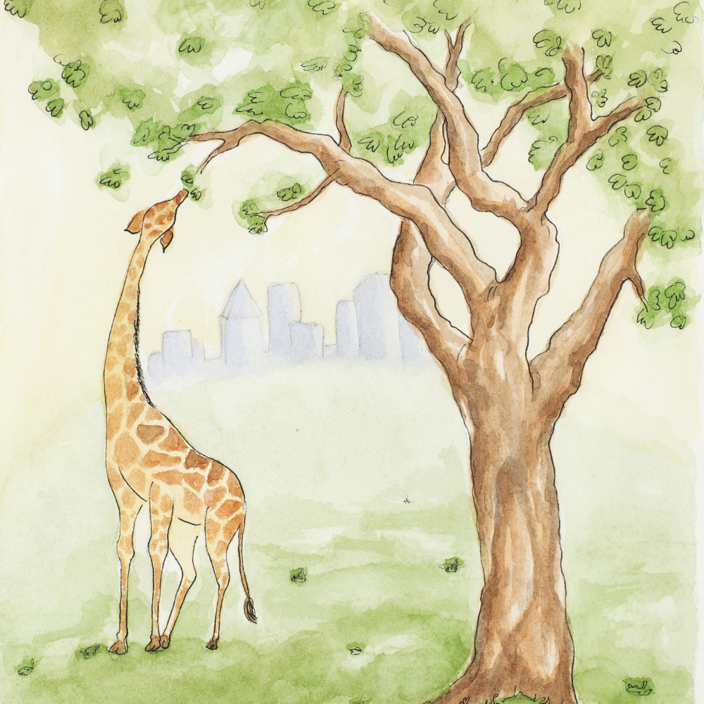 Illustration of a giraffe reaching up to a tree with a city skyline in the background