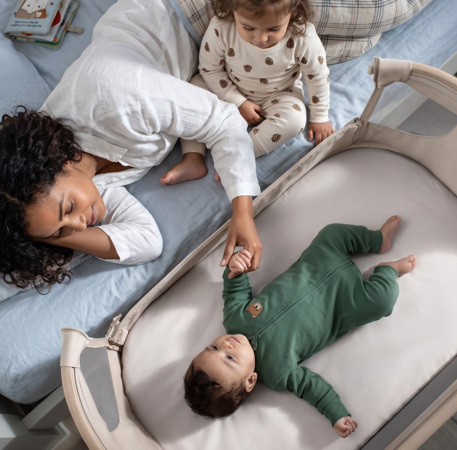 Woman lying on a bed with a baby in a crib and a toddler sitting nearby.
