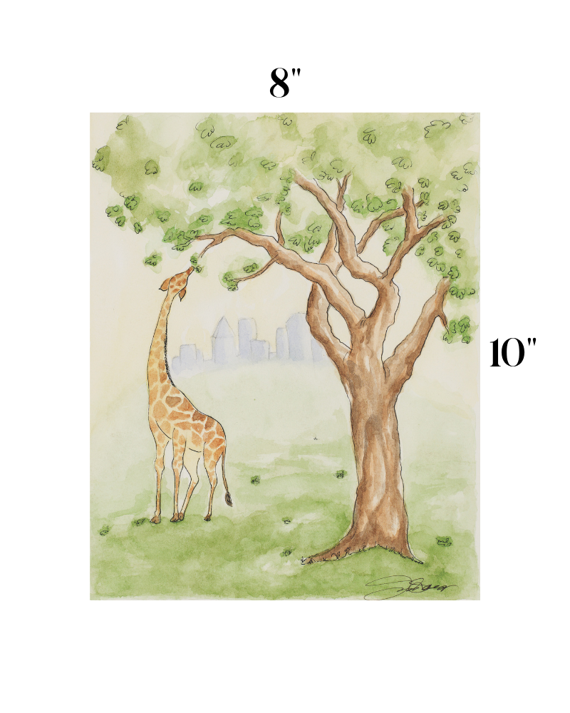 A watercolor-style wall art print showing a giraffe beside a large tree, with size markings reading 8 inches wide and 10 inches tall on a white background.