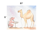 A watercolor art print featuring a camel standing next to a woman in a pink dress and wide-brimmed hat seated at a small table. The print is shown on a white background with black size markers indicating 10 inches wide by 8 inches tall.