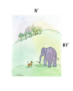 A watercolor art print depicting a purple elephant and a small brown dog on a green hill, with trees and buildings in the distance. The print is shown on a white background with size markers indicating 8 inches wide by 10 inches tall.