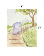 A watercolor-style art print showing a light blue elephant walking along a park path beside a tree and grassy hill, with city buildings faintly visible in the distance. The print is centered on a white background with size markers reading 8 inches wide and 10 inches tall.