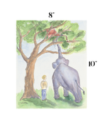A watercolor-style art print showing a large gray elephant reaching up toward green tree branches, with a small child standing beside the tree. The print is centered on a white background with size markings reading 8" above and 10" to the right.