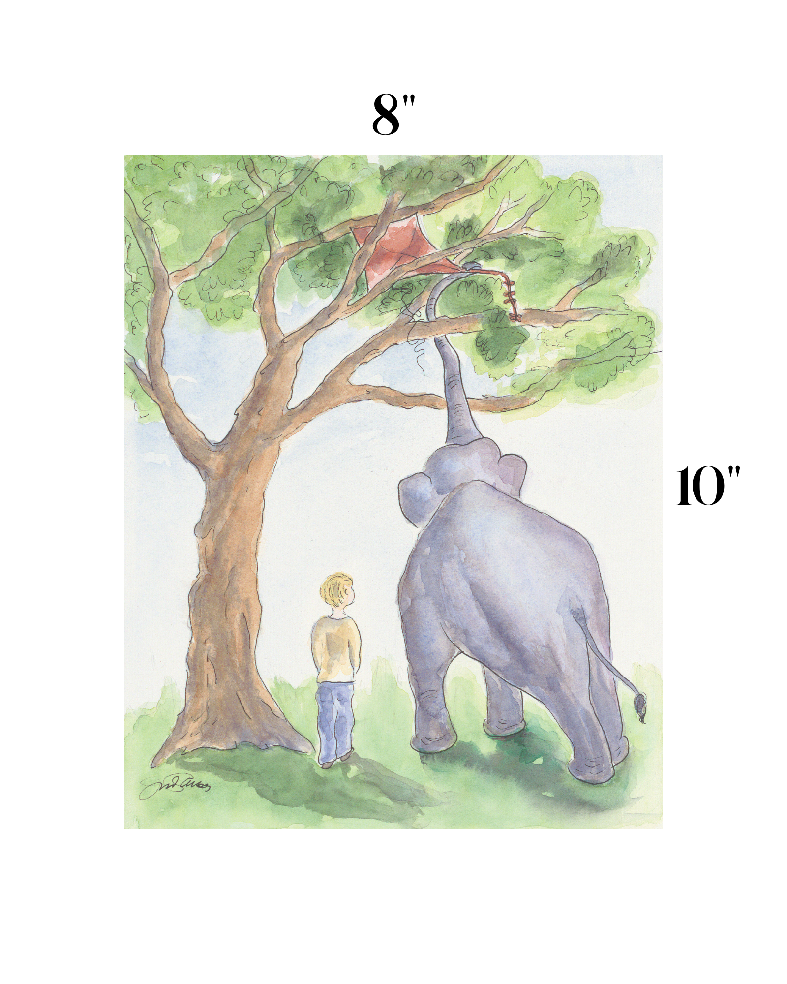 A watercolor-style art print showing a large gray elephant reaching up toward green tree branches, with a small child standing beside the tree. The print is centered on a white background with size markings reading 8" above and 10" to the right.