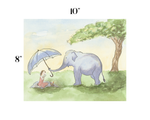 A watercolor-style art print showing a light blue elephant standing under a pale blue umbrella beside a green tree, with a small seated figure in pink near the elephant. The print is shown on a white background with dimension labels reading 10 inches at the top and 8 inches on the left.
