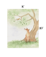 A watercolor-style art print showing a fox sitting under a tree, with a small bird on a branch above. The print includes dimension labels reading 8" at the top and 10" on the right, on a white background.