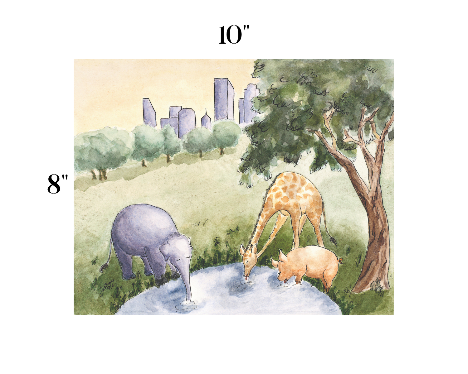 A watercolor-style art print showing an elephant, giraffe, and pig drinking from a pond, with trees and a city skyline in the background. The print is displayed on a white background with size markers reading 10 inches wide and 8 inches tall.