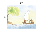A watercolor-style art print showing a small sailboat with two brown bears on the water, next to a green tree, with printed dimensions 10" at the top and 8" on the left.