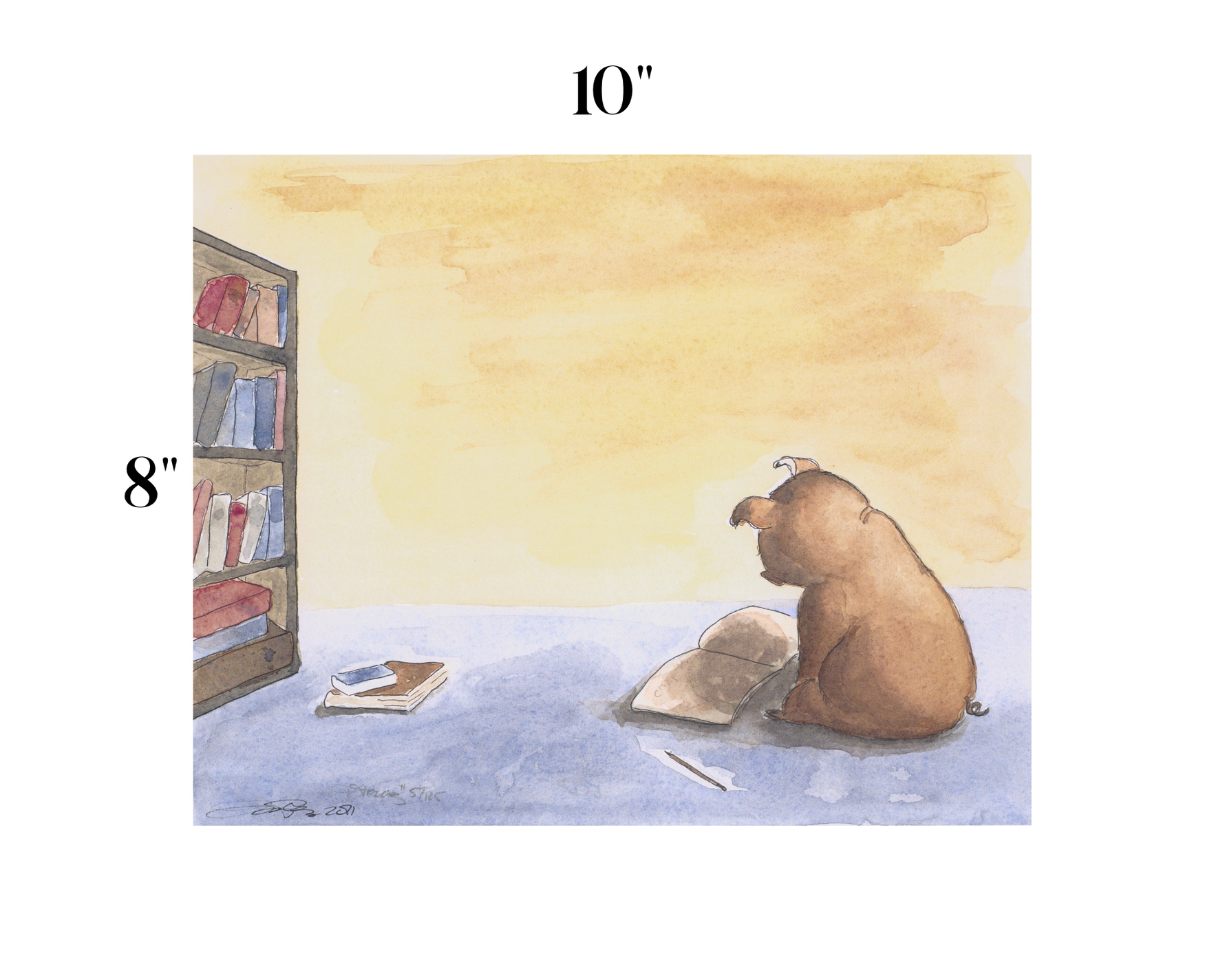 A watercolor-style art print showing a small brown animal sitting on a blue floor beside an open book and a bookshelf, with a large pale yellow sky. The print is displayed on a white background with size markers reading 10 inches wide and 8 inches high.