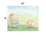 A watercolor-style art print showing a woman sitting in a rocking chair reading next to a pig, with dimension labels '10"' at the top and '8"' on the left. The print is presented on a white background.
