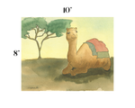 A watercolor-style art print showing a camel with a pink and green saddle resting beside a tree, with size markings of 10 inches wide and 8 inches tall on a white background.