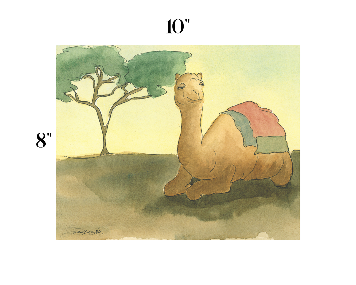 A watercolor-style art print showing a camel with a pink and green saddle resting beside a tree, with size markings of 10 inches wide and 8 inches tall on a white background.