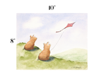 A watercolor-style art print showing two brown rabbits on a green hillside looking up at a pink kite in a pale blue sky. The print is shown on a white background with size markers reading 10 inches at the top and 8 inches on the left.