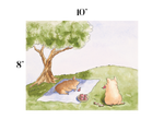 A watercolor-style illustrated print showing two cartoon animals having a picnic under a tree on a grassy hill, with size markings of 10 inches wide and 8 inches tall printed around the artwork.