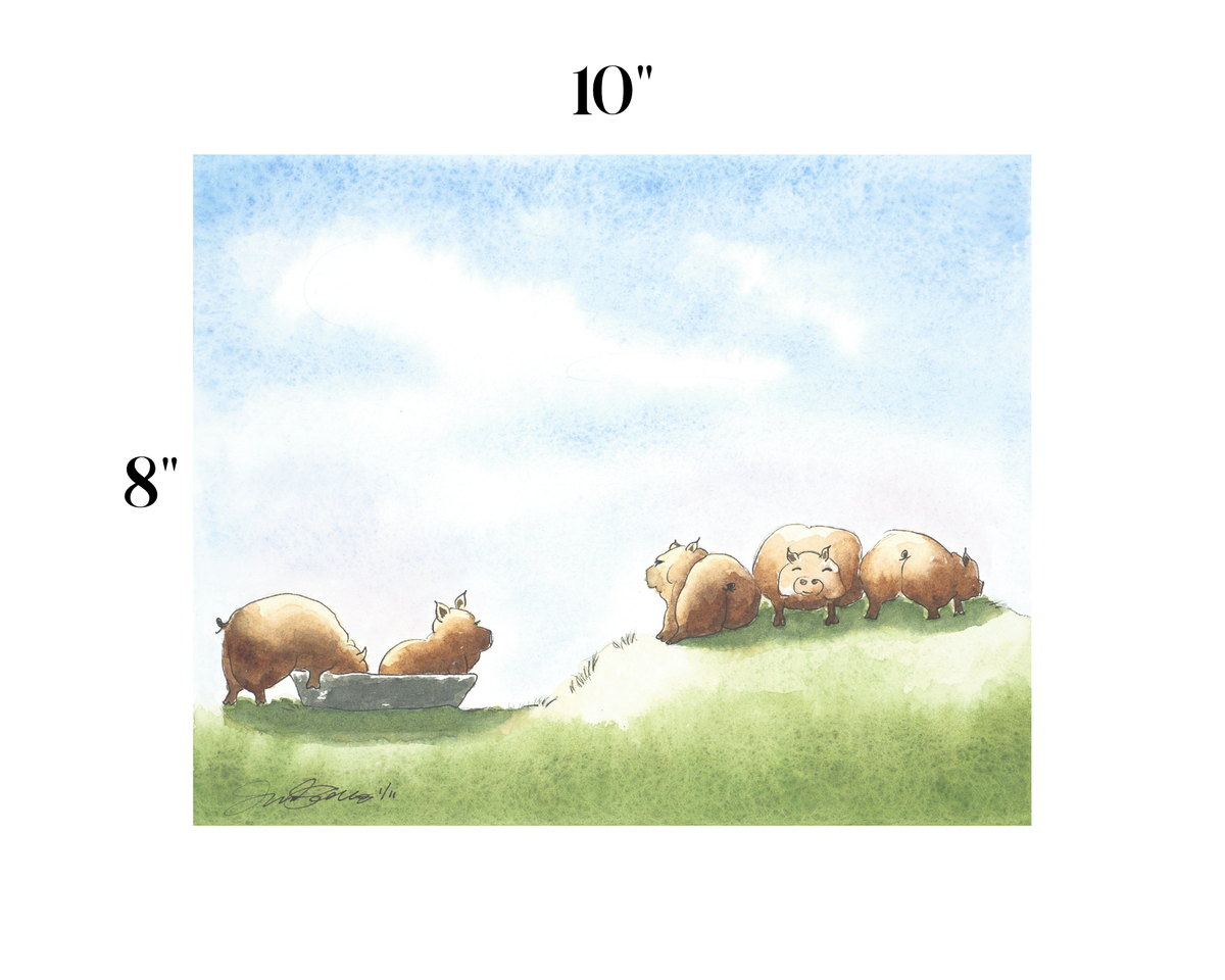 A watercolor-style art print showing four pigs on a grassy hill under a blue sky, with size markers reading 10 inches across the top and 8 inches along the left side.
