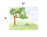 8x10 inch size guide for the woodland turtle and squirrel watercolor art print showing dimensions on a white background.