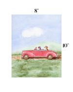 Watercolor art print showing a pink convertible with a person and dog driving on a country road, with size markers reading 8" and 10" on a white background.