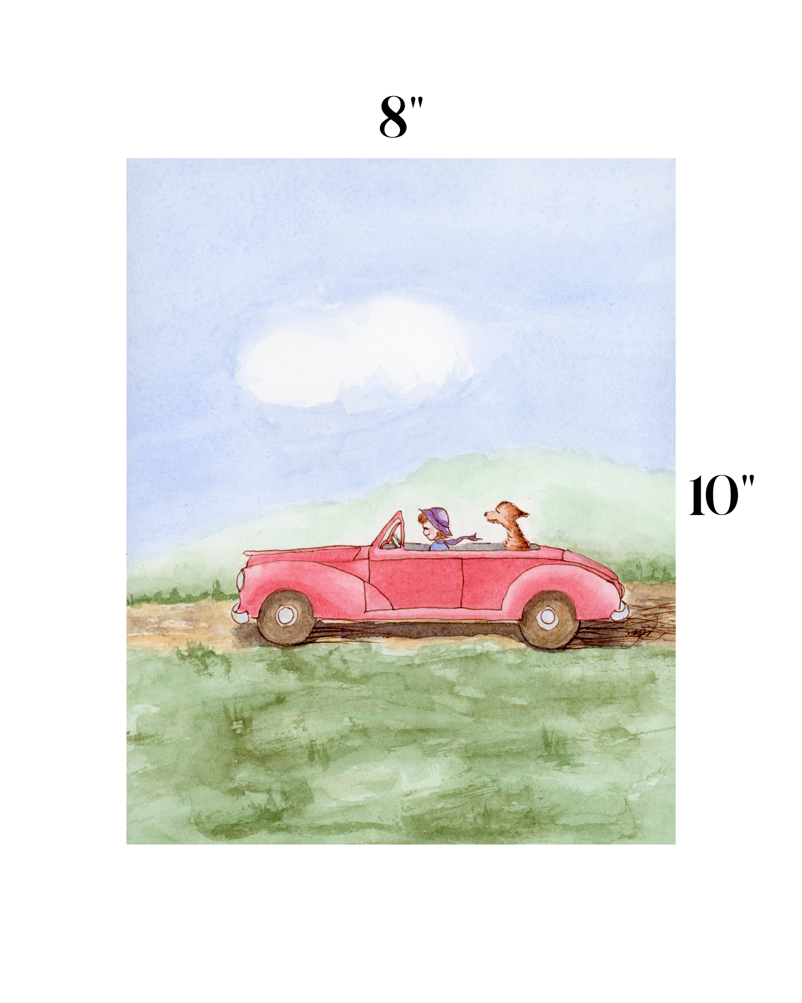 Watercolor art print showing a pink convertible with a person and dog driving on a country road, with size markers reading 8" and 10" on a white background.