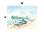 Watercolor art print depicting a vintage teal convertible car parked by a river with the Eiffel Tower in the distance, shown with printed dimensions 10" and 8" on a white background.