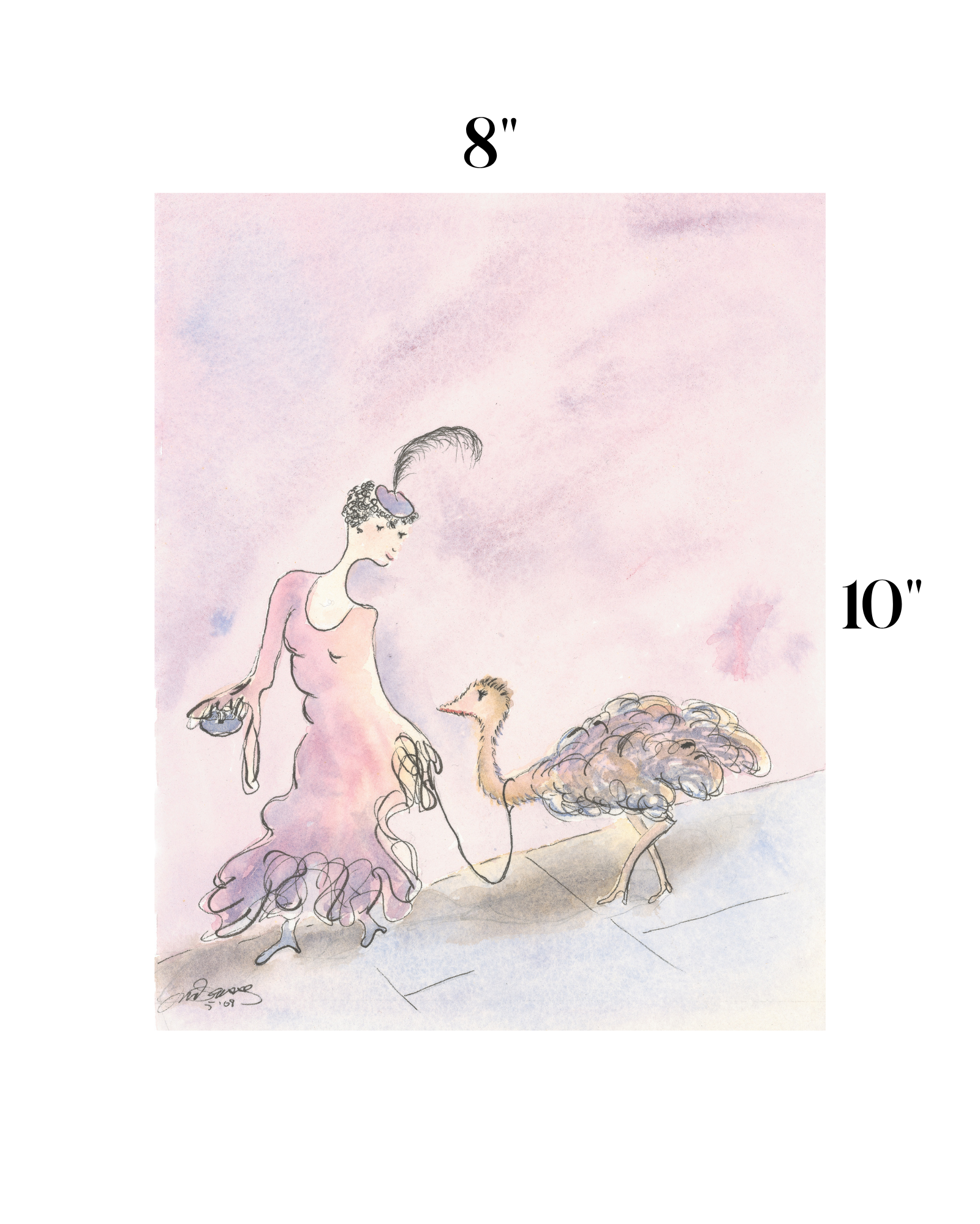 A watercolor art print featuring a woman in a flowing pink dress walking beside an ostrich, with size markings of 8 inches at the top and 10 inches on the right, shown on a white background.