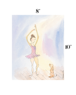 A watercolor-style art print showing a ballerina in a pink tutu posing on a dance floor with a small dog sitting beside her. The print includes dimension labels '8"' at the top and '10"' on the right, on a white background.
