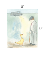 A watercolor-style art print showing a yellow duckling standing beside a man in a hat and cane, with a gray car floating in the water above. The print is centered on a white background with size markings reading 8 inches wide, 10 inches tall, and the title text 'The Duckling and the Man'.
