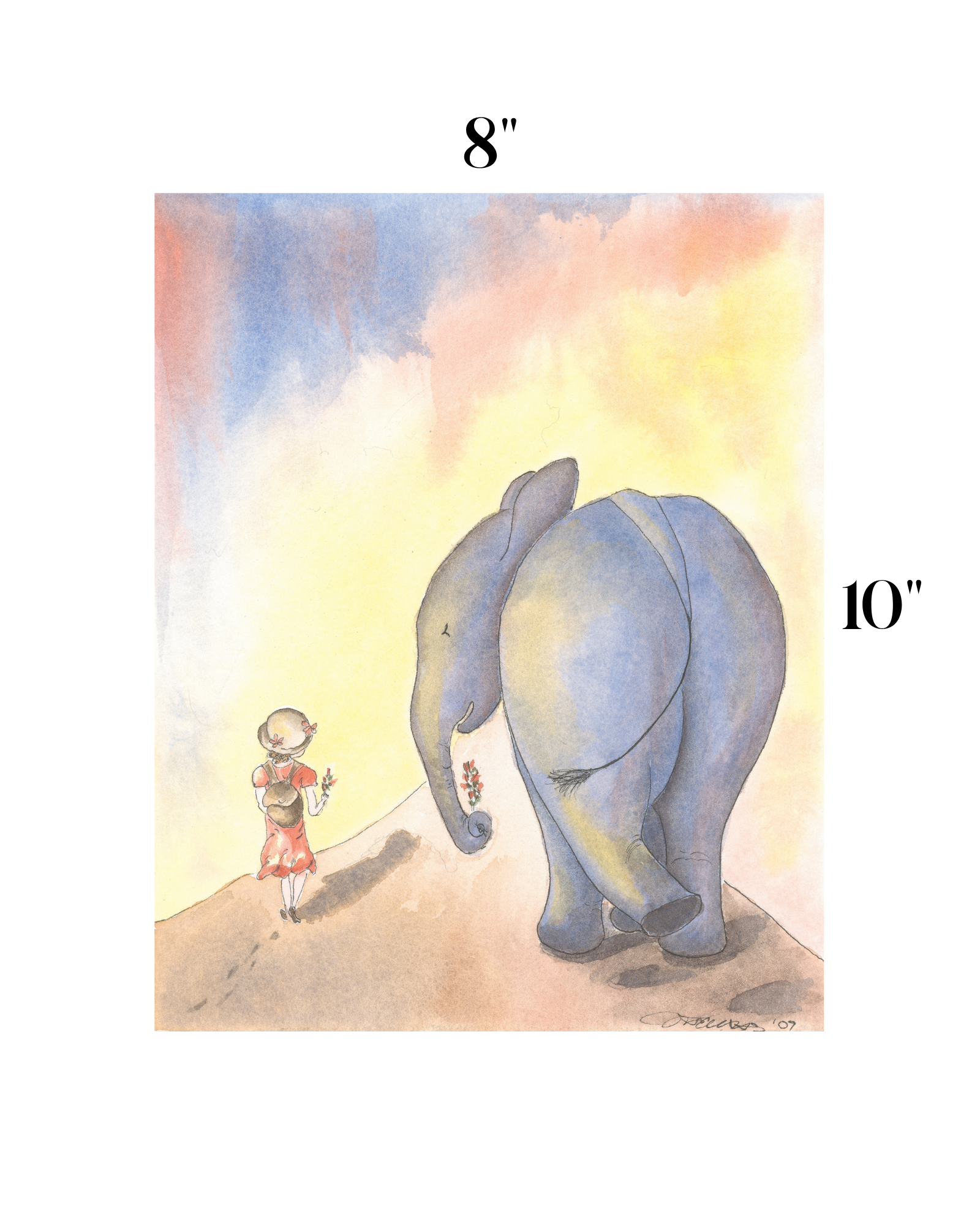 A watercolor art print featuring a large blue-gray elephant walking beside a small child on a hill under a pastel sky, with size markers reading 8" at the top and 10" on the right.