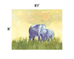 Watercolor-style wall art showing two elephants standing in tall green grass under a soft yellow sky, with size markers reading 10 inches at the top and 8 inches on the left.
