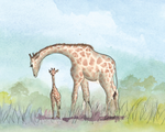 Watercolor-style illustration of an adult giraffe standing beside a young giraffe in a grassy landscape under a pale blue sky.