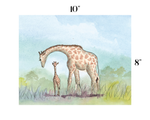 Watercolor-style wall art showing a large giraffe and a small giraffe standing in a grassy landscape under a pale blue sky. The image includes dimension labels '10"' at the top and '8"' on the right, indicating the print size.
