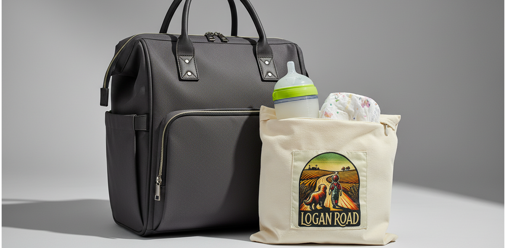 Black diaper bag with a smaller tote bag featuring 'Logan Road' branding on a gray background