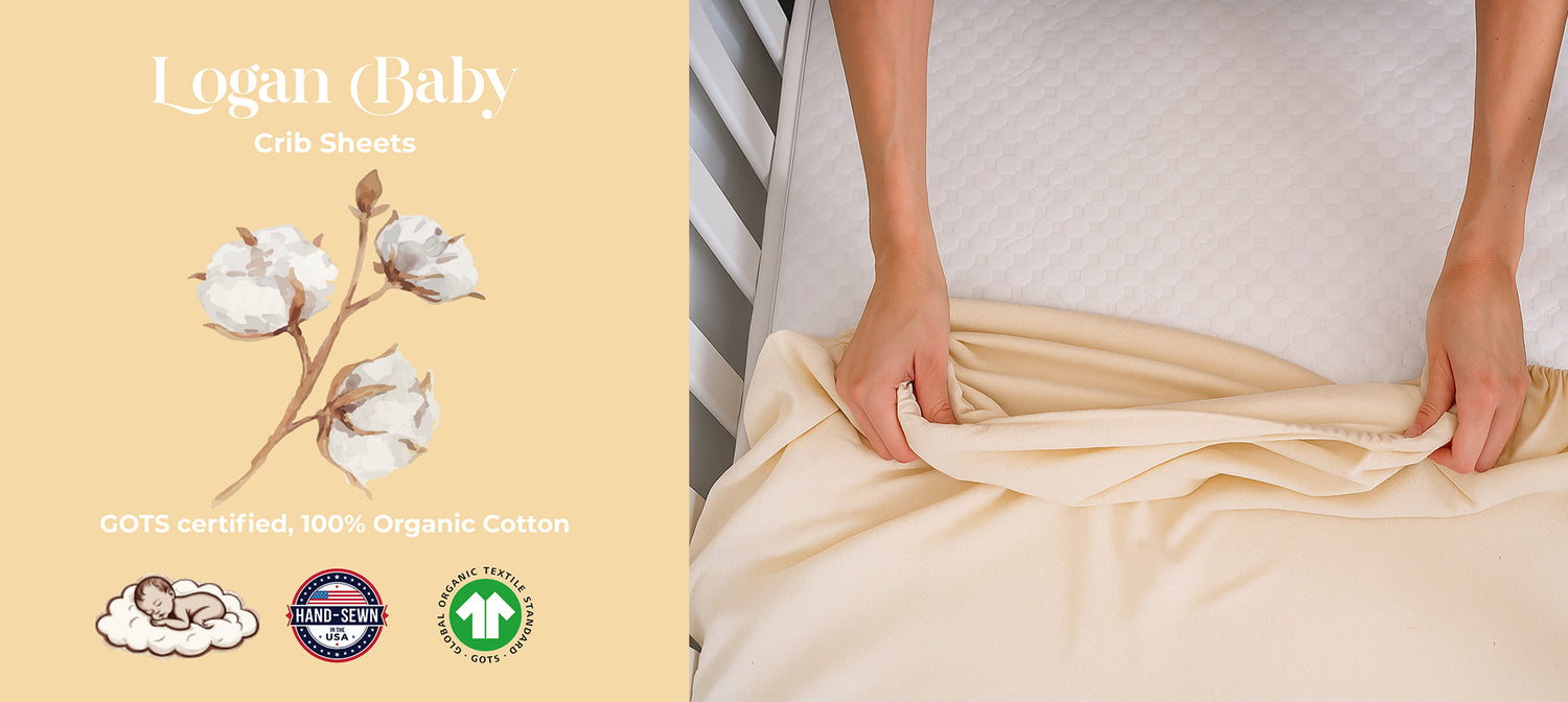 Crib sheets being shown with a beige background and branding text.