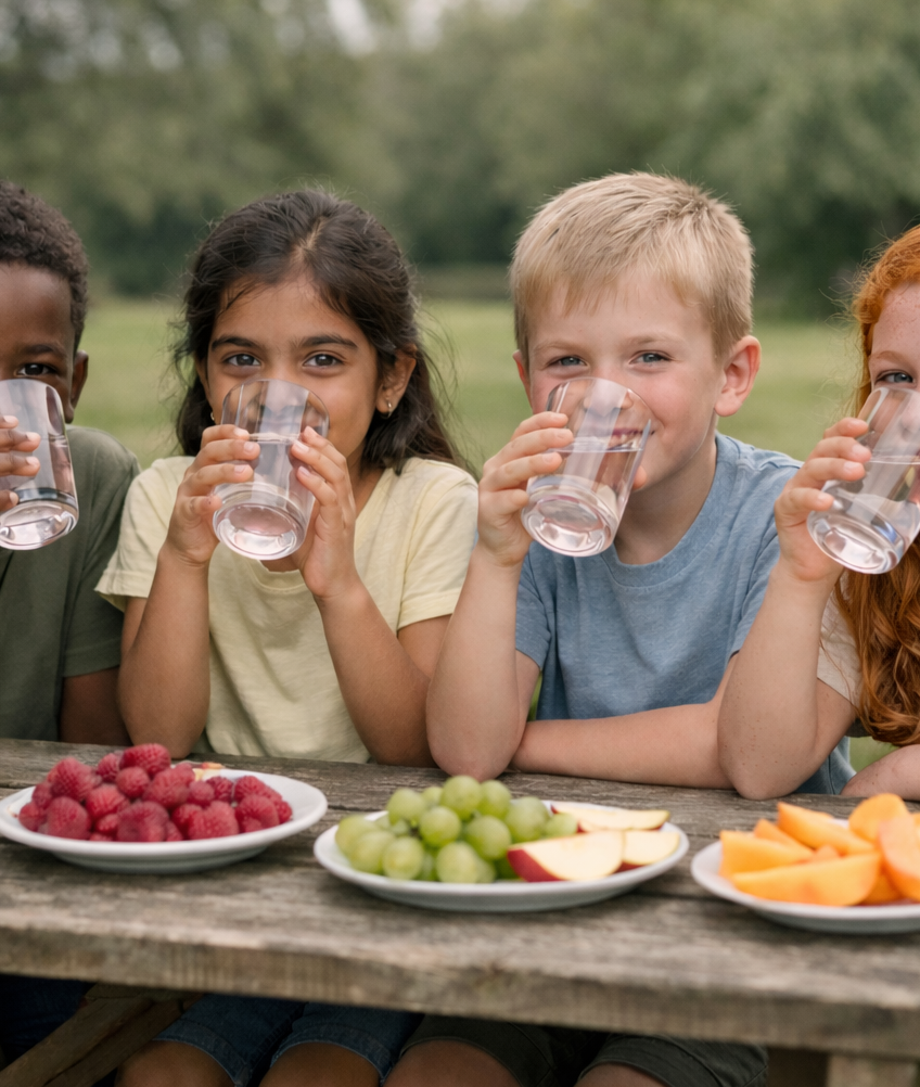 Four children sitting at a picnic table with plates of fruit and a pitcher of water.