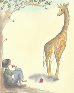 A watercolor-style illustration showing a seated child holding a red apple beside a standing giraffe, with another apple on the ground, set against a pale cream background.