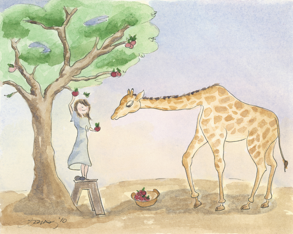 Illustration of a girl on a stool picking apples from a tree next to a giraffe.