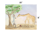 A watercolor-style art print showing a girl in a blue dress standing on a stool beside an apple tree and a giraffe, with size markers reading 10 inches at the top and 8 inches on the right, on a white background.