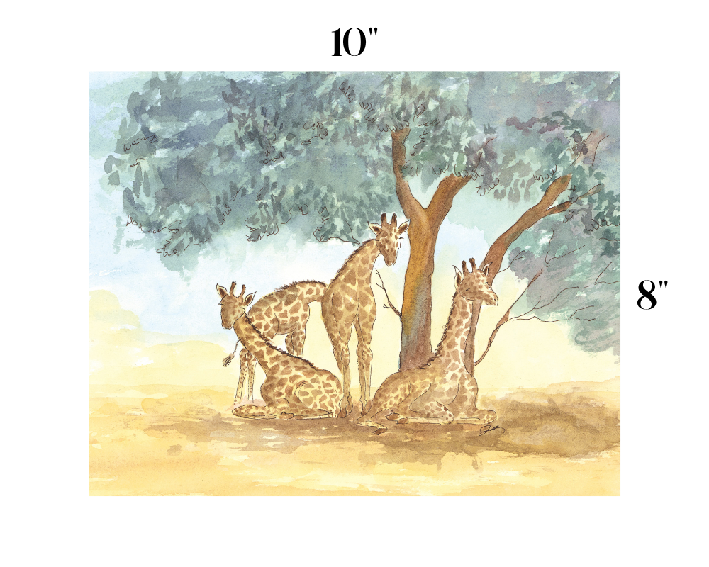 Watercolor-style wall art showing three giraffes under a tree in a savanna scene, with size markers reading 10 inches wide and 8 inches high on a white background.