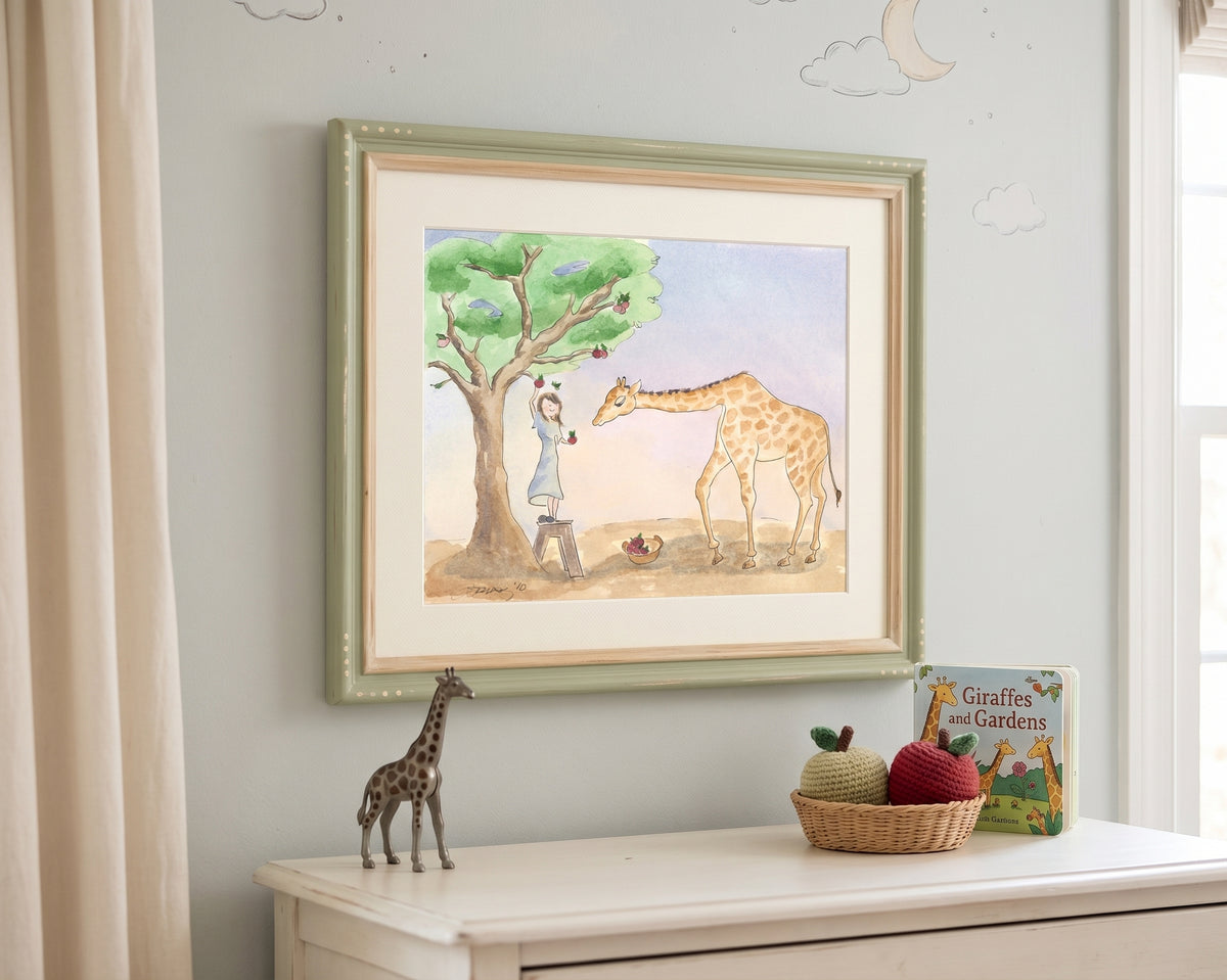 Giraffe Picking Apples - Watercolor Art Print – 8x10