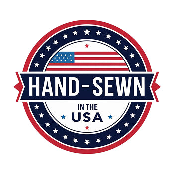 Logo with 'Hand-Sewn in the USA' text and American flag design on a white background