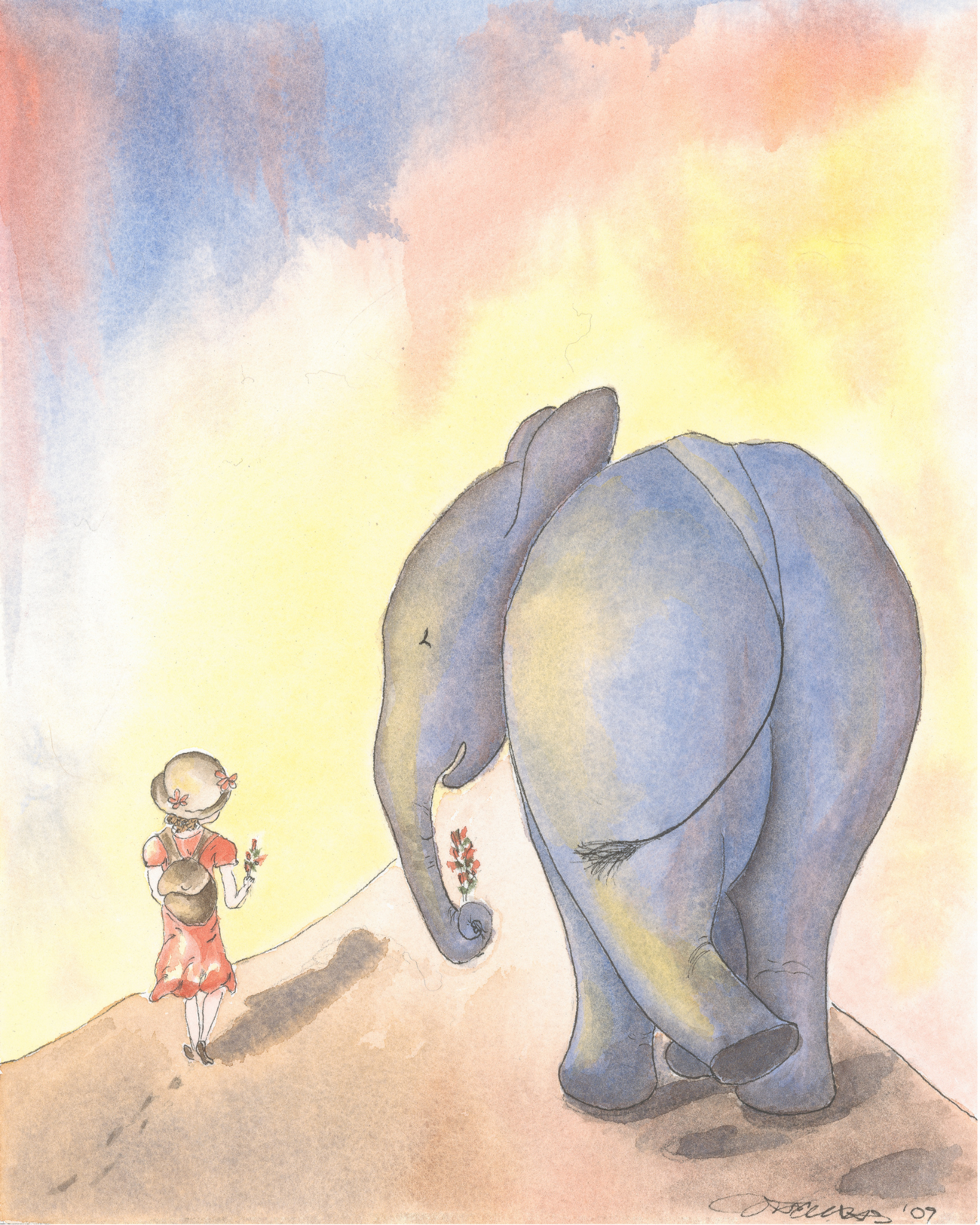 Watercolor artwork depicting a small child in a red dress standing on a hill and looking up at a very large blue-gray elephant against a soft pastel sky with blue, pink, and yellow tones.