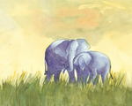 Watercolor painting of two elephants standing in tall green grass under a soft yellow and peach sky.