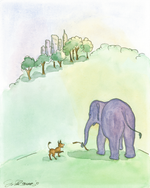 Watercolor-style illustration of a large purple elephant standing on a pale green hill while a small brown dog runs toward it. Trees and a few buildings appear in the distance under a soft pastel sky.