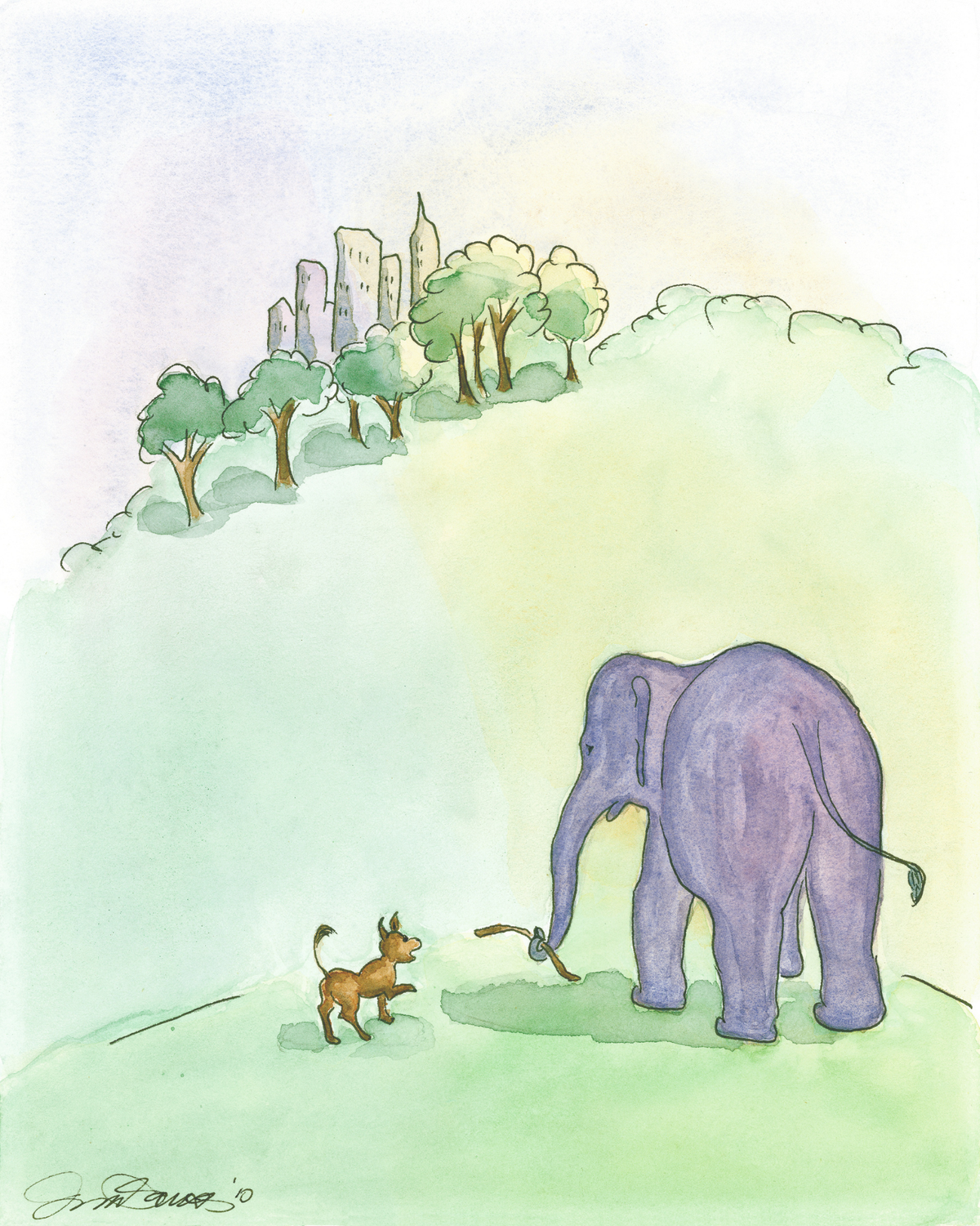 Watercolor-style illustration of a large purple elephant standing on a pale green hill while a small brown dog runs toward it. Trees and a few buildings appear in the distance under a soft pastel sky.
