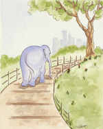 Watercolor-style artwork showing a blue elephant walking along a path in a park, with a large tree, fence, grass, and faint city skyline in the background.