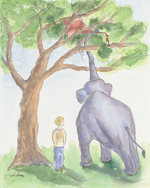 Watercolor-style illustration of a large gray elephant reaching up toward green leaves on a tree with a red cloth hanging from the branches, while a small blond child stands nearby on the grass.