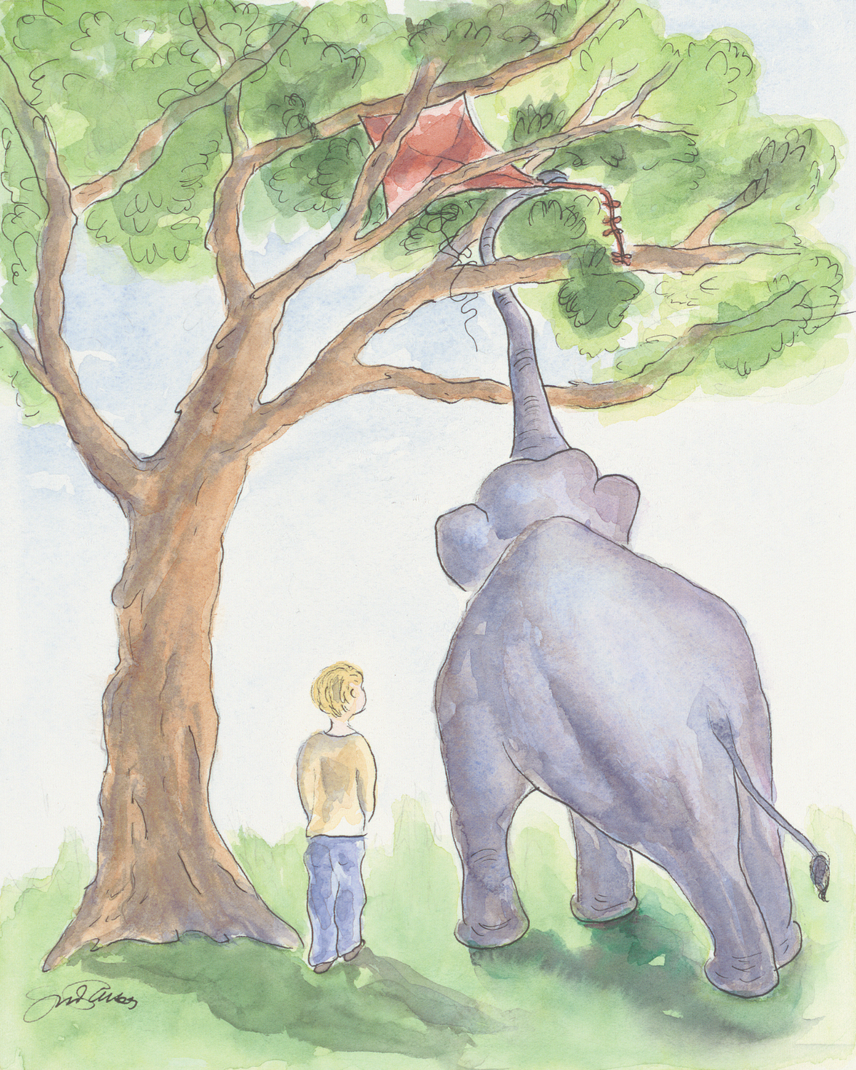 Watercolor-style illustration of a large gray elephant reaching up toward green leaves on a tree with a red cloth hanging from the branches, while a small blond child stands nearby on the grass.