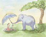 Watercolor-style illustration of a large lavender-gray elephant standing in a grassy field under a tree, holding a blue umbrella over a seated woman in a pink dress.